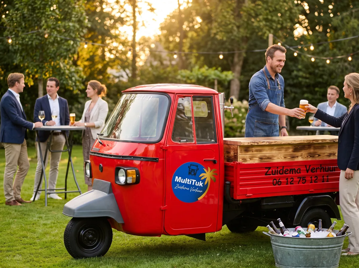 Barman serveert een koud biertje aan een gast bij de MultiTuk, met statafels op de achtergrond